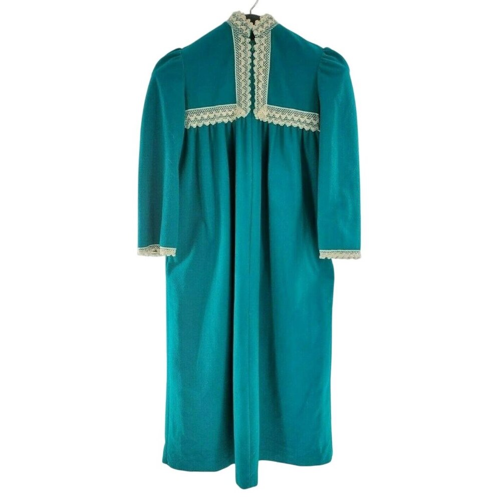 Vintage Vassarette Teal Zip Robe 70s 80s Fleece Housecoat with Lace Trim Medium